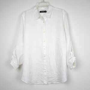 Ralph Lauren Linen Blouse Top Women's Plus Size 2X White Roll Tab Sleeve Classic